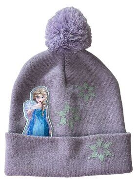 Frozen Elsa Girls Pom Pom Beanie Hat Purple Snowflake Disney Winter OS